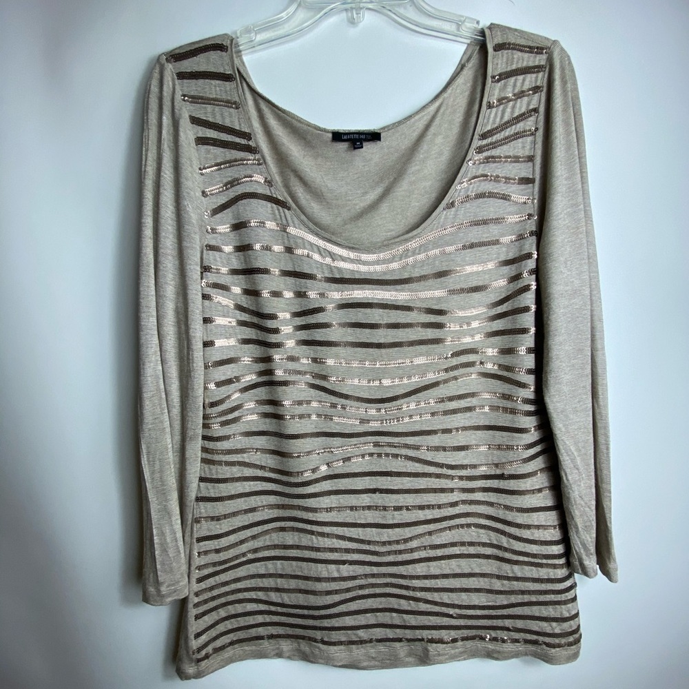 Lafayette 148 Sequin Gray Blouse Womens Size M